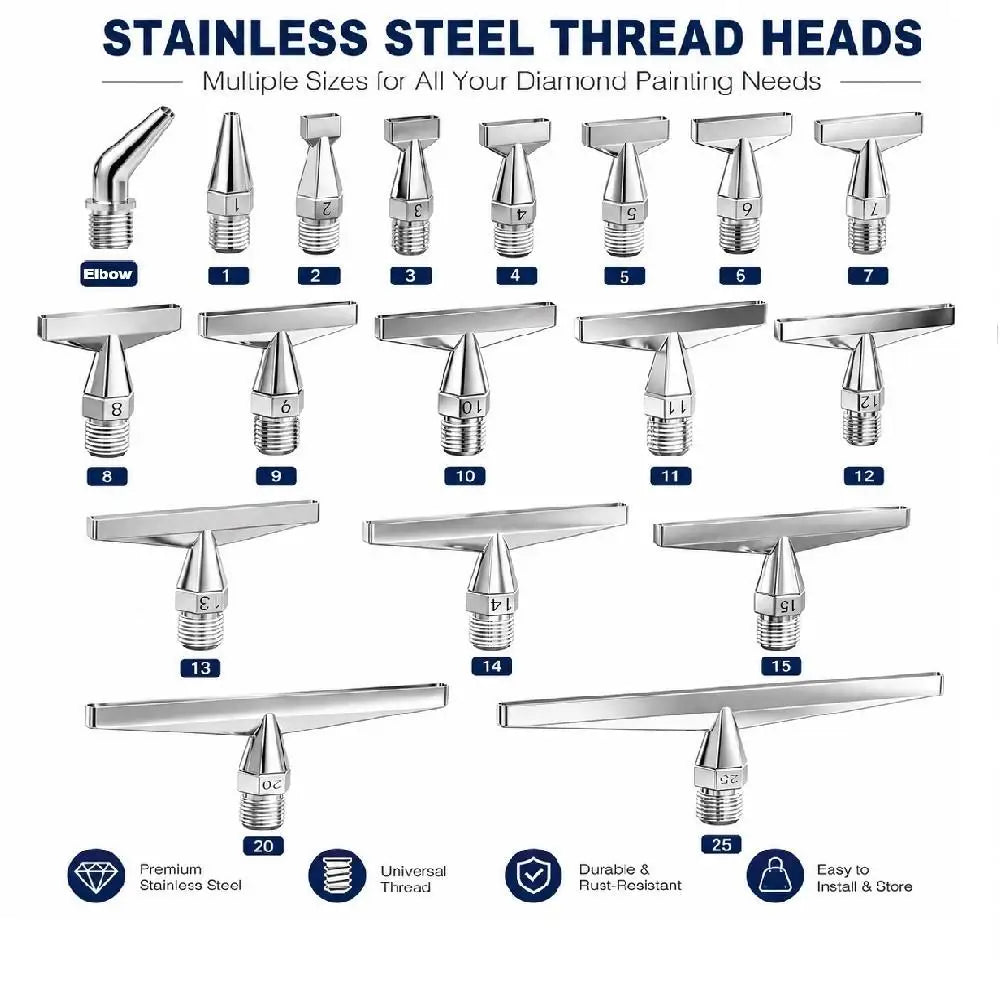 A set of seven stainless steel thread heads for diamond painting, including various sizes and handles.