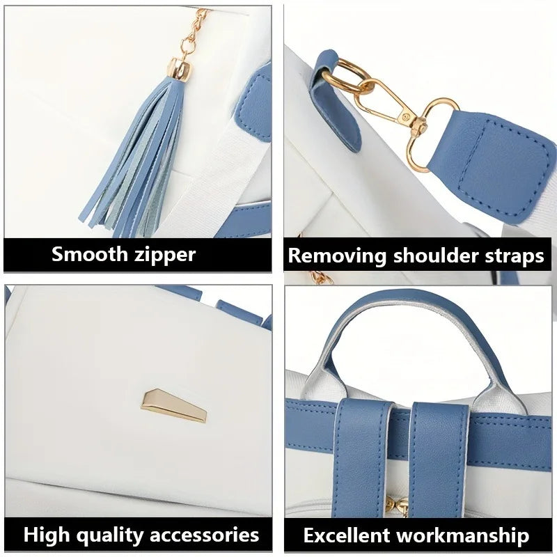 Close-up shots showing features like a smooth zipper, removable shoulder straps, high quality accessories, and excellent work