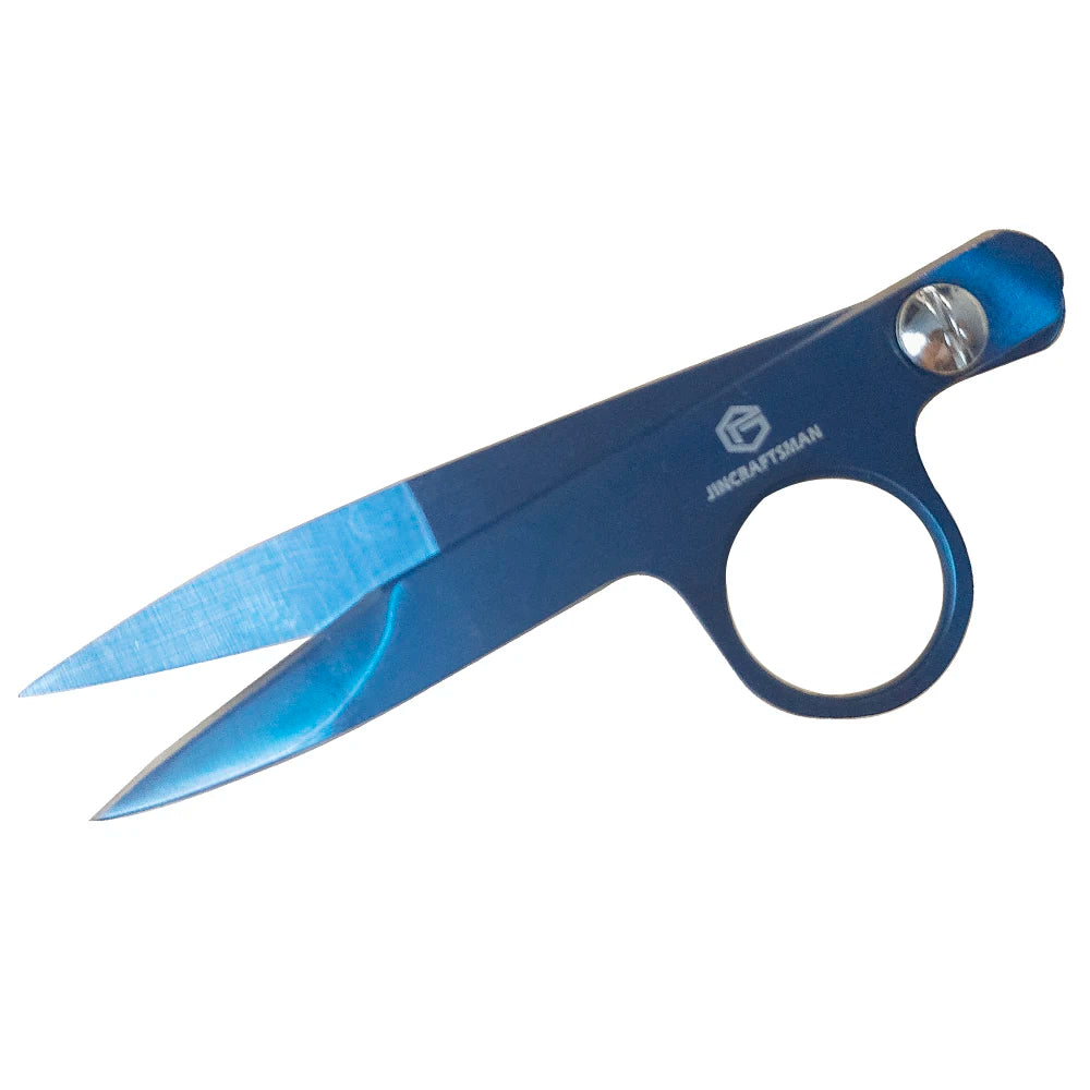 A blue precision titanium-coated tailor shears with a circular opening and a silver rivet.