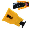 A yellow portable chainsaw sharpener tool with a black handle and a metal whetstone blade.