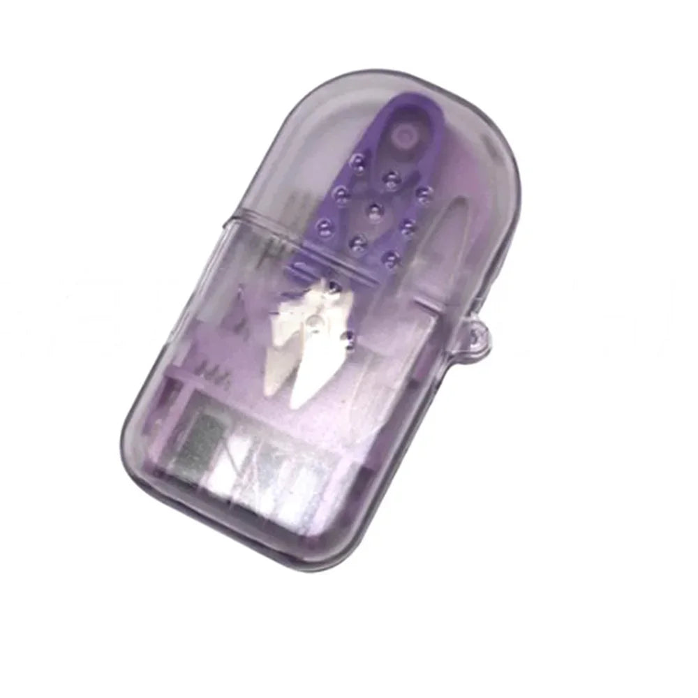 A clear purple compact portable sewing kit with a storage case and visible tools inside.