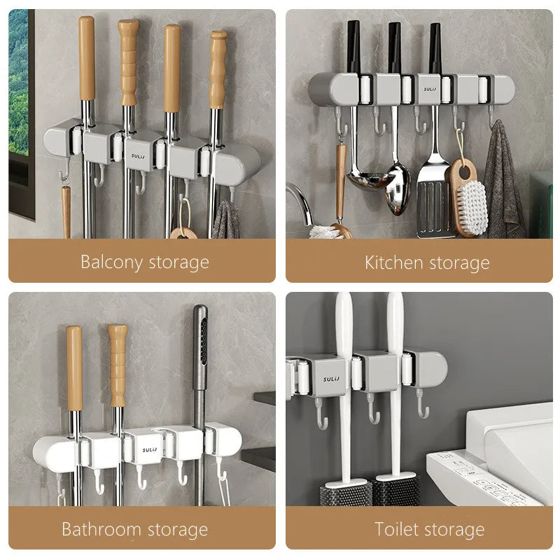 Wall-Mounted Mop and Broom Holder with Adhesive Mount