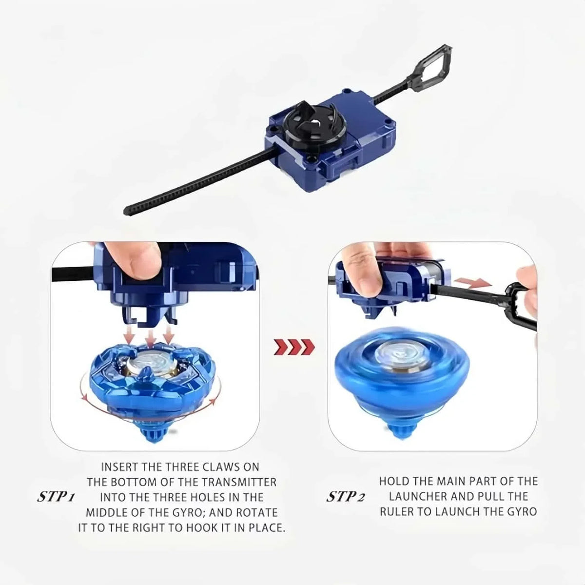 A blue metal spinning top battle toy with a launcher and ruler used to launch the gyro.