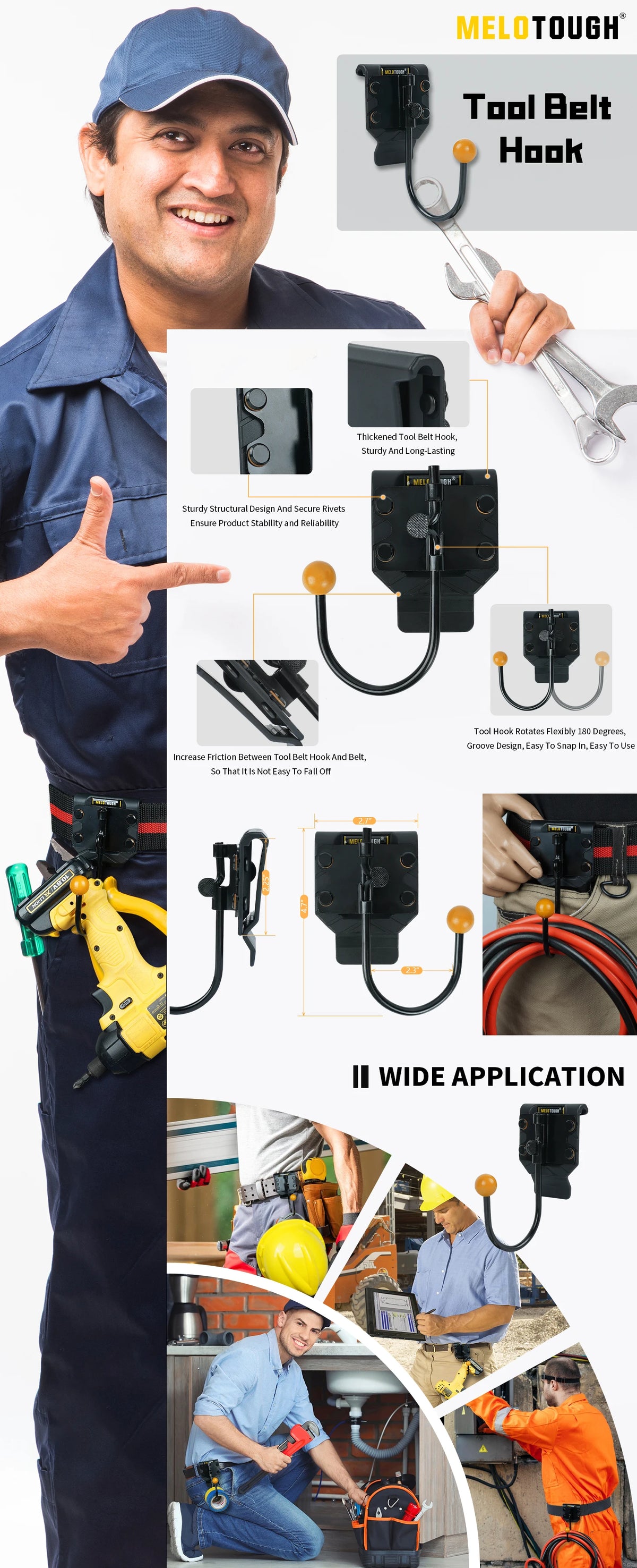 A man demonstrates a tool belt hook, showing its design and application for securing tools on drills and work gear.