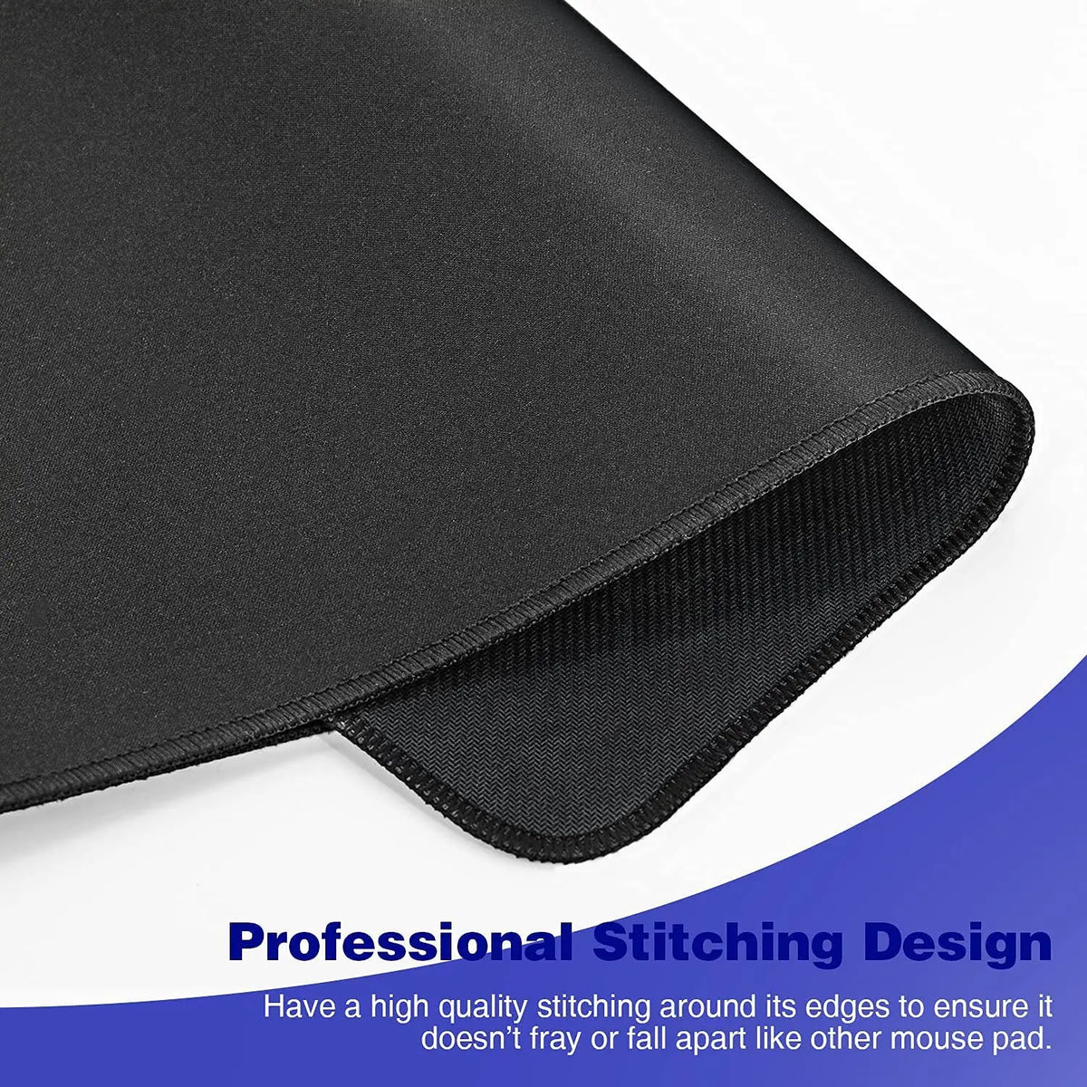 Black extended anti-slip desk pad with professional stitching design around the edges