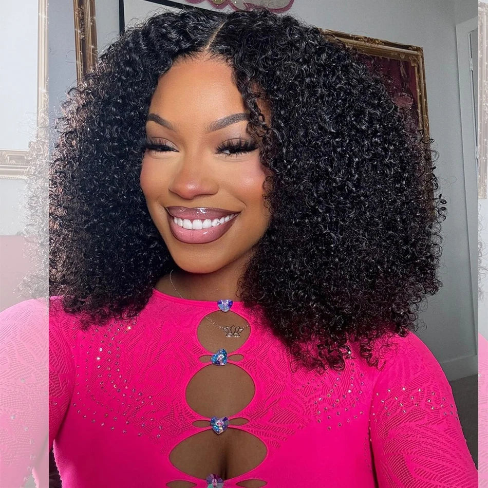 A woman modeling a pink lace front wig with curly hair and sparkling details.