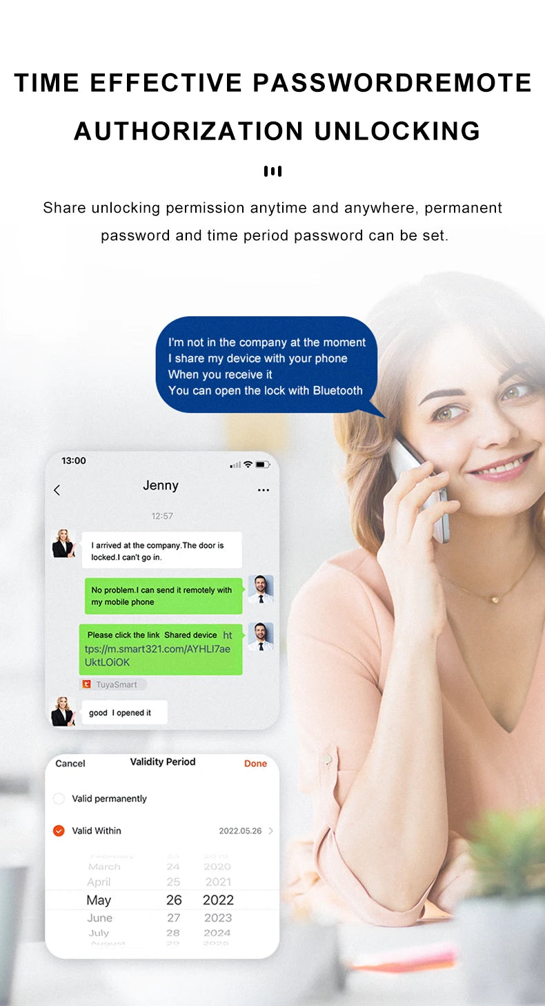 A mobile screen shows a time effective password remote authorization unlocking process with a link and validity period detail