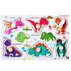 A set of wooden dinosaur alphabet and number peg puzzles featuring various dinosaurs like Pterosaur, Bone dragon, and Stegosa