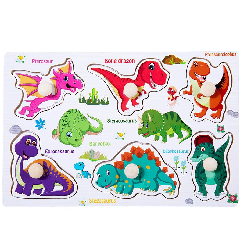 A set of wooden dinosaur alphabet and number peg puzzles featuring various dinosaurs like Pterosaur, Bone dragon, and Stegosa