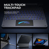 A multi-touch trackpad and keyboard combo for a tablet, showing Type-C charging, anti-scratch leather, and automatic sleep/wa