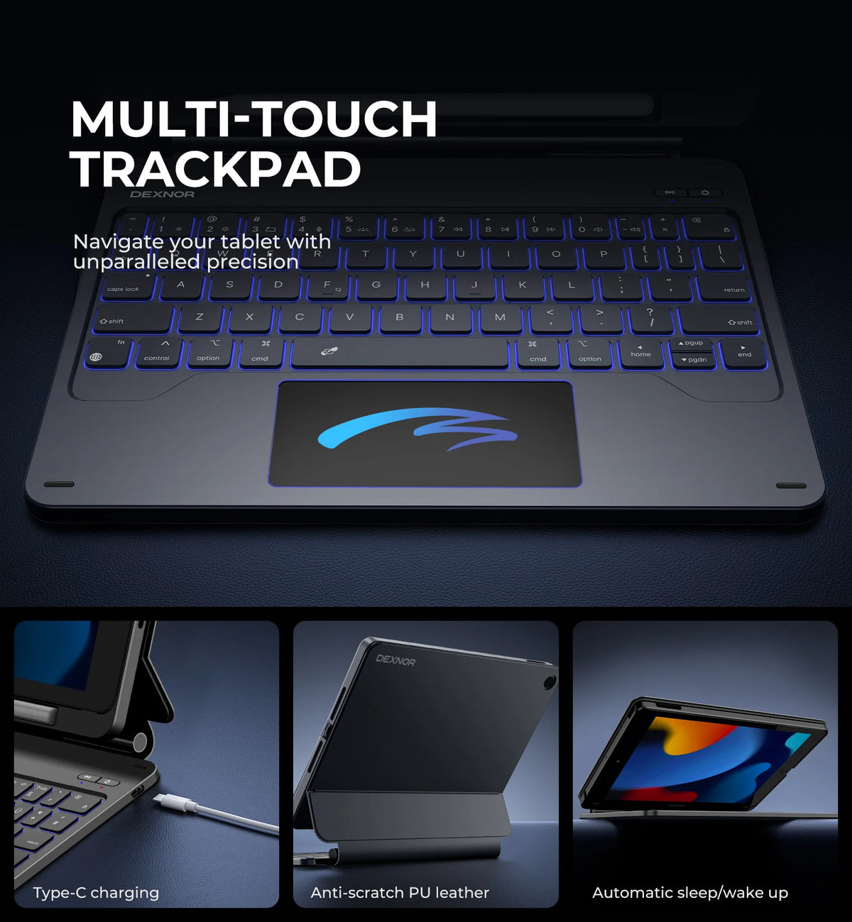 A multi-touch trackpad and keyboard combo for a tablet, showing Type-C charging, anti-scratch leather, and automatic sleep/wa