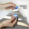 Hands are shown applying a window film to a glass panel, demonstrating the placement of the window film and backing liner.