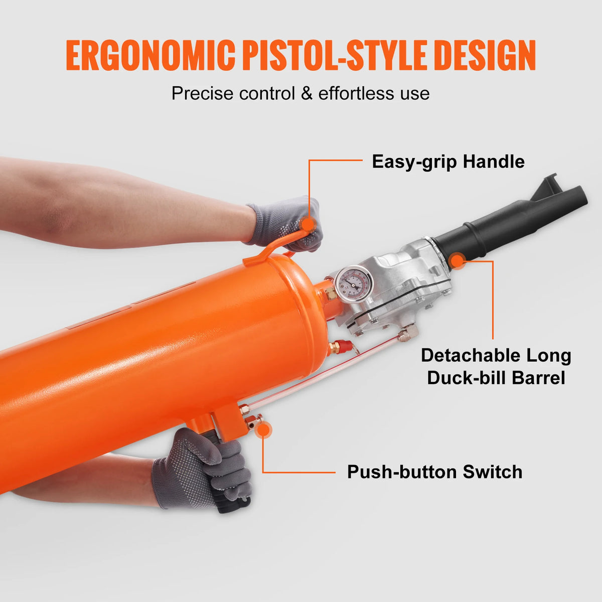Orange pistol-style air blaster with an easy-grip handle and detachable long duck-bill barrel