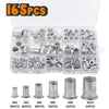 A collection of aluminum flat head rivet nuts in various sizes M3 to M10, packaged in a clear plastic box.