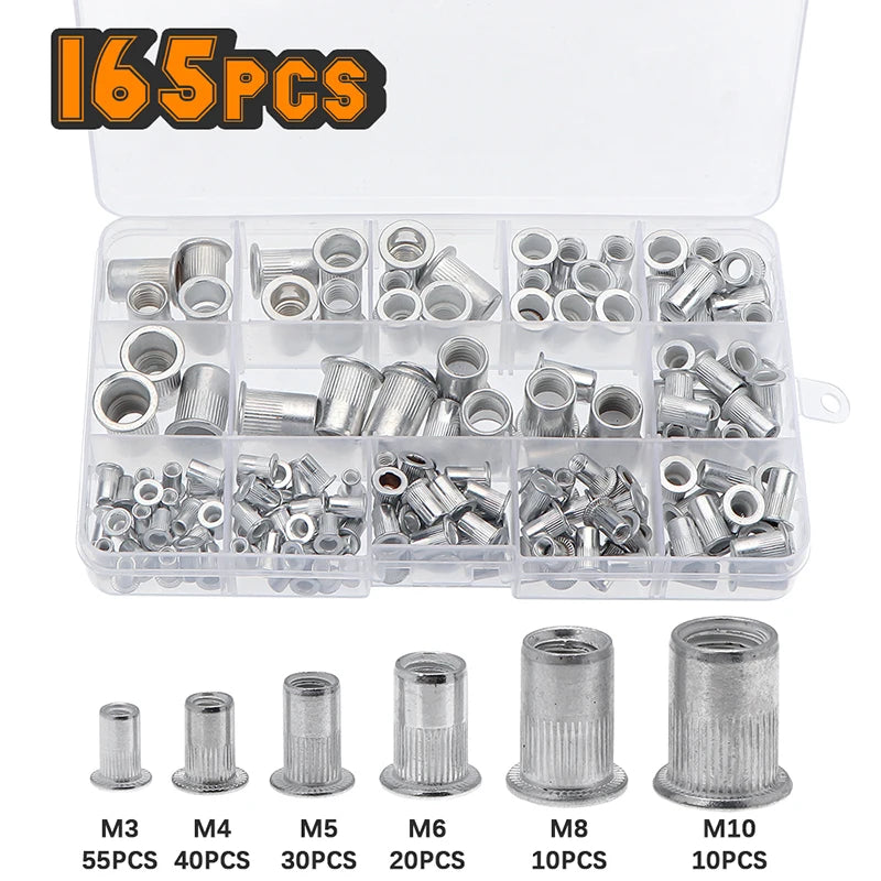 A collection of aluminum flat head rivet nuts in various sizes M3 to M10, packaged in a clear plastic box.