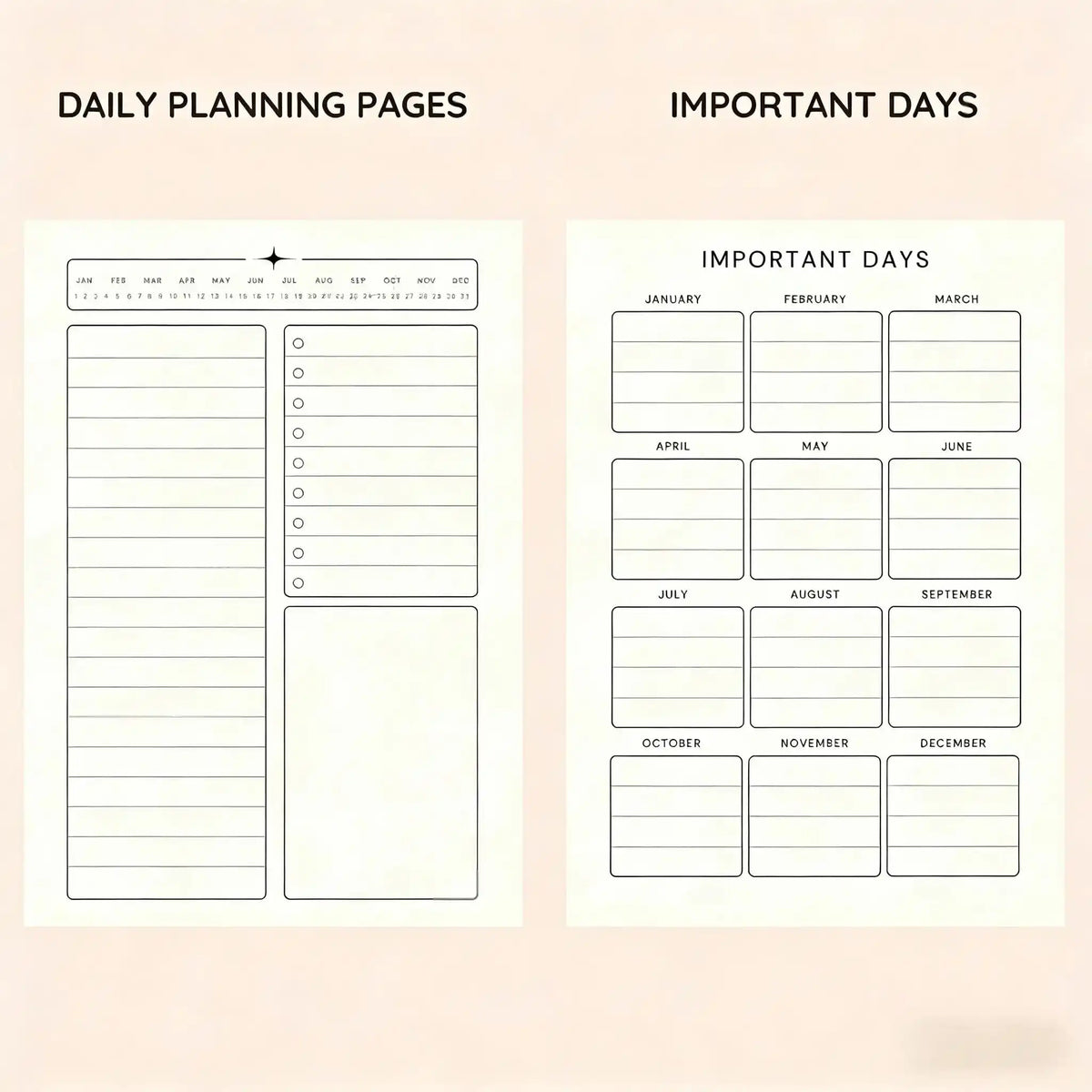 Daily planning pages and important days calendar pages for business and legal use