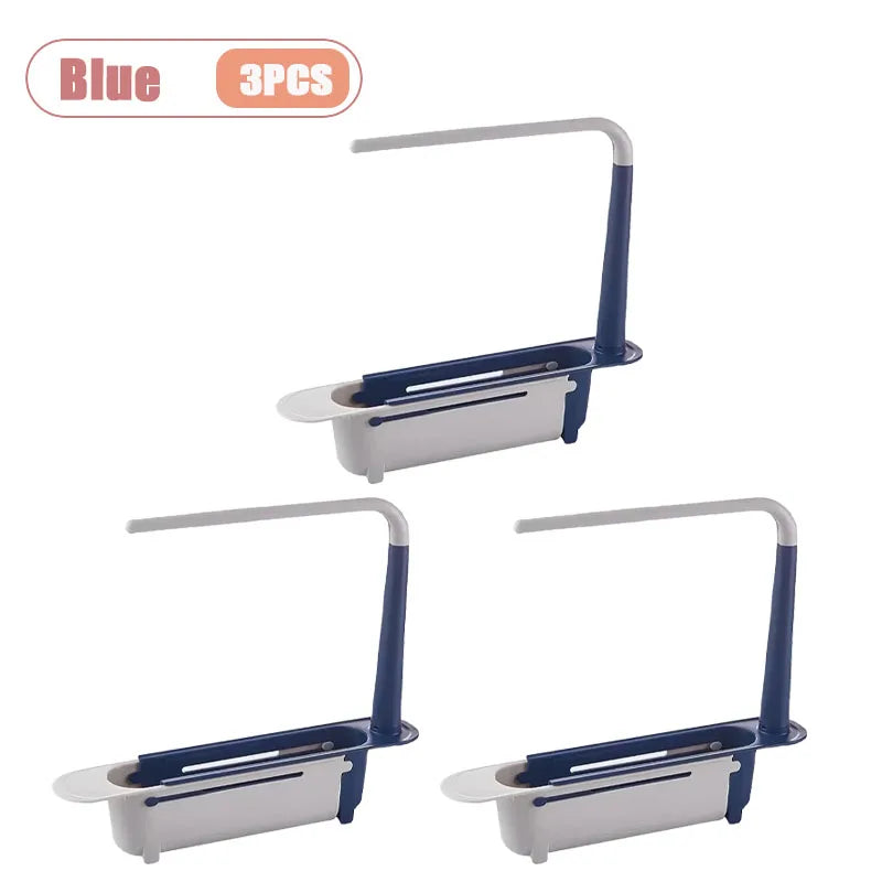 Blue adjustable over-sink dish drying rack with three pieces for kitchen organization