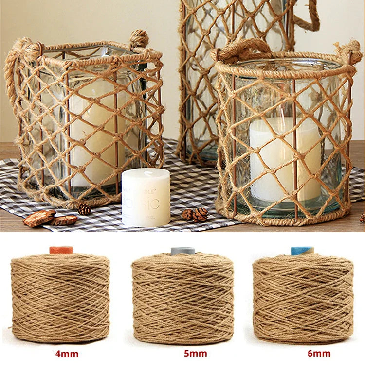 Three rolls of natural jute twine in 4mm, 5mm, and 6mm diameters for crafts and décor