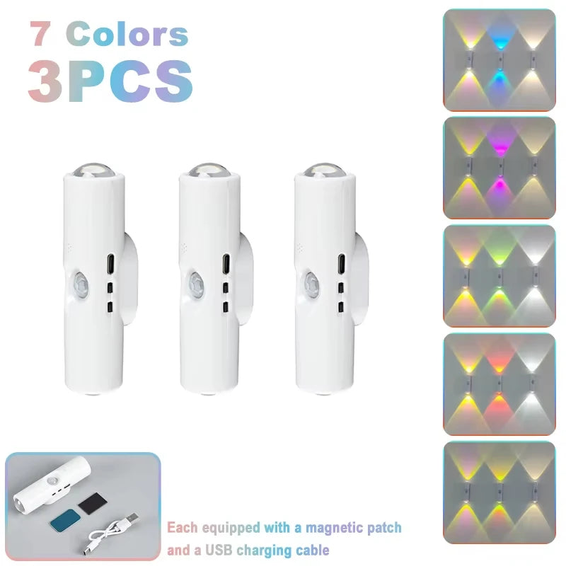 Three white rechargeable motion sensor LED night lights with RGB mood lighting and USB charging cables
