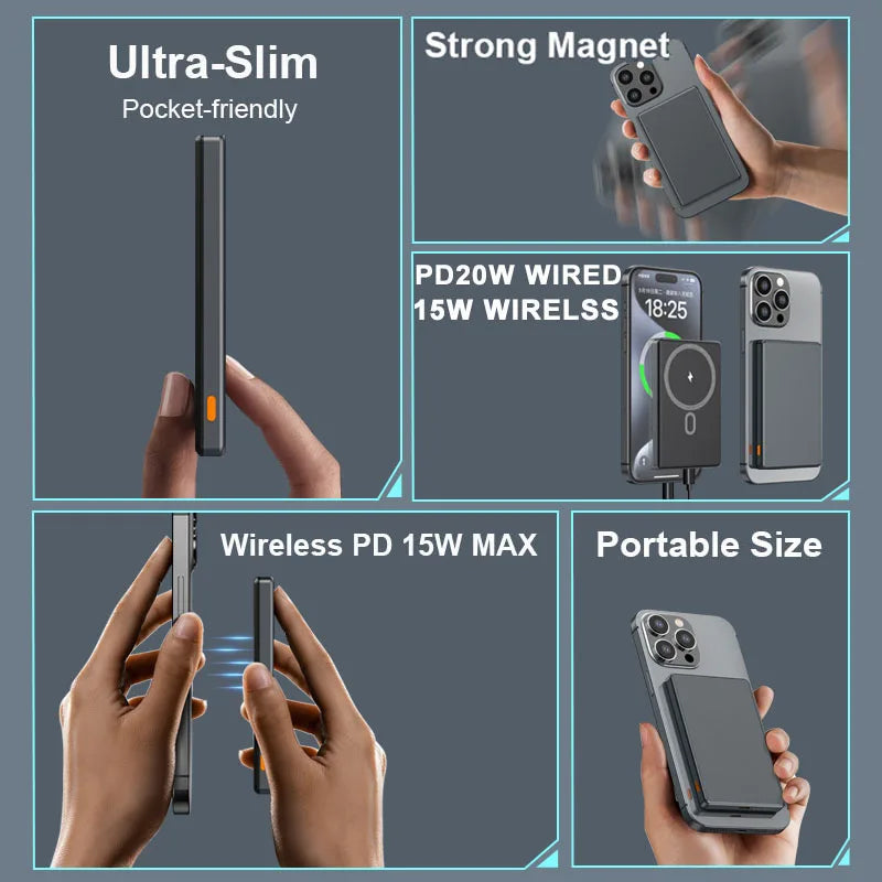 Foldable Magnetic Wireless Power Bank with Built-in Cables