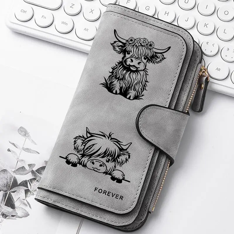 Adorable Highland Cow Long Wallet with Zipper Closure