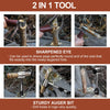A manual wood auger drill with a leather holster is shown in three views demonstrating its use for drilling holes in logs.