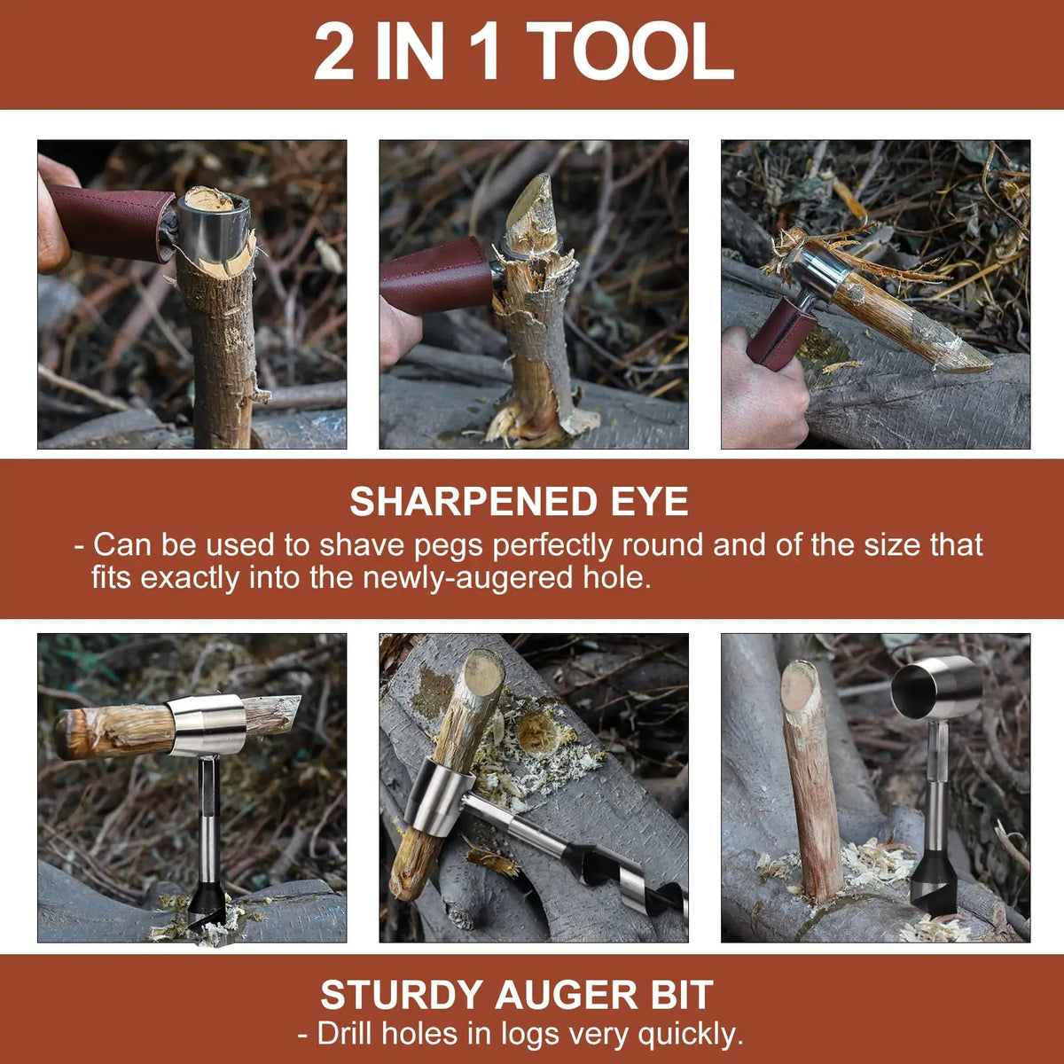 A manual wood auger drill with a leather holster is shown in three views demonstrating its use for drilling holes in logs.