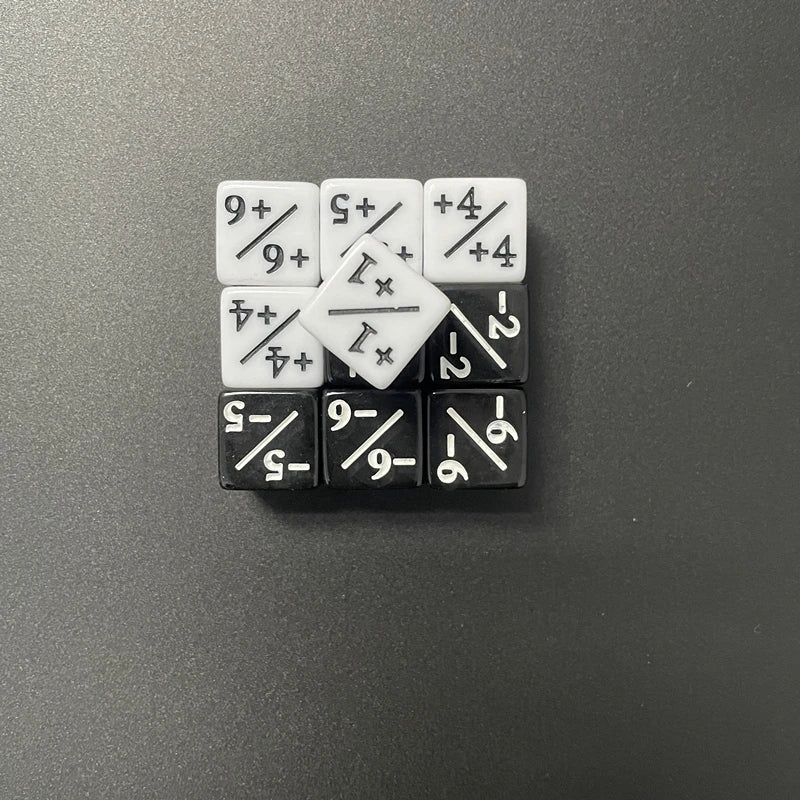 A set of acrylic D6 counter dice showing various numerical and fractional values.