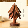 A wooden tree-shaped trivet set consisting of one support and three coasters, made of dark wood.