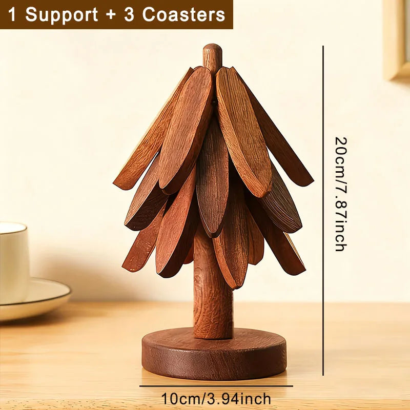 A wooden tree-shaped trivet set consisting of one support and three coasters, made of dark wood.