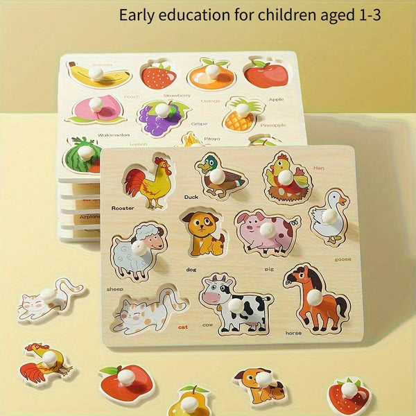 Wooden shape sorting puzzle for early learning featuring various fruits and animals.