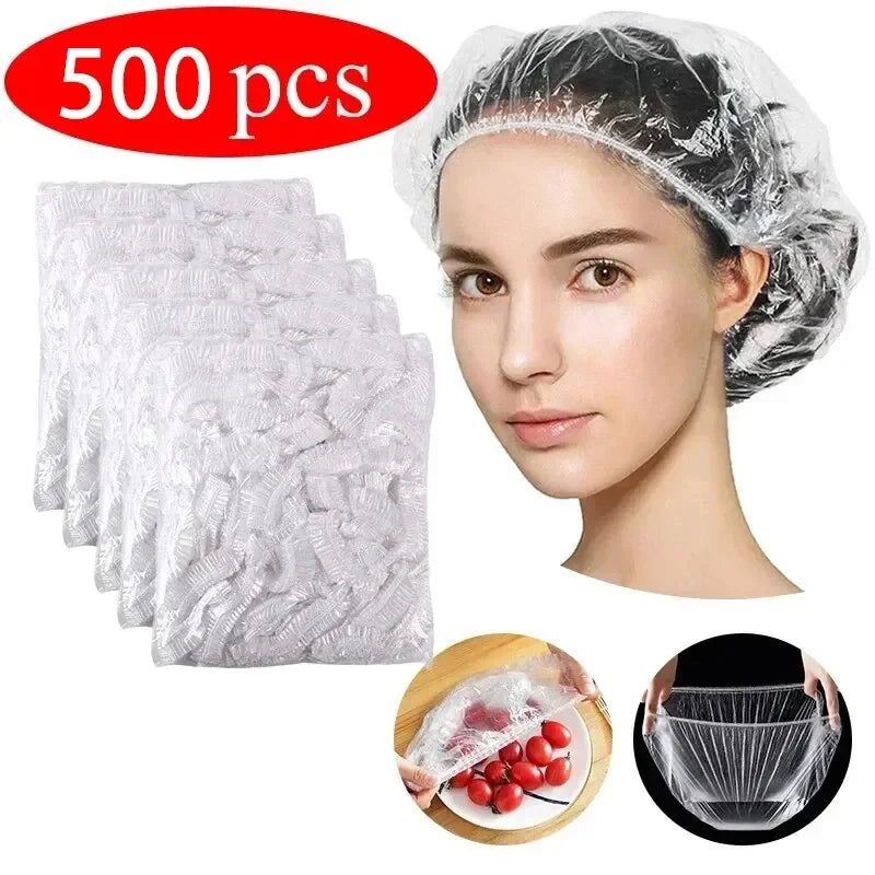 A woman is shown wearing a disposable shower cap with an elastic edge, next to a pack of 500 such caps and usage demonstratio