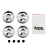 A set of four metal RC car upgrade wheels with rims and a bag containing small screws.