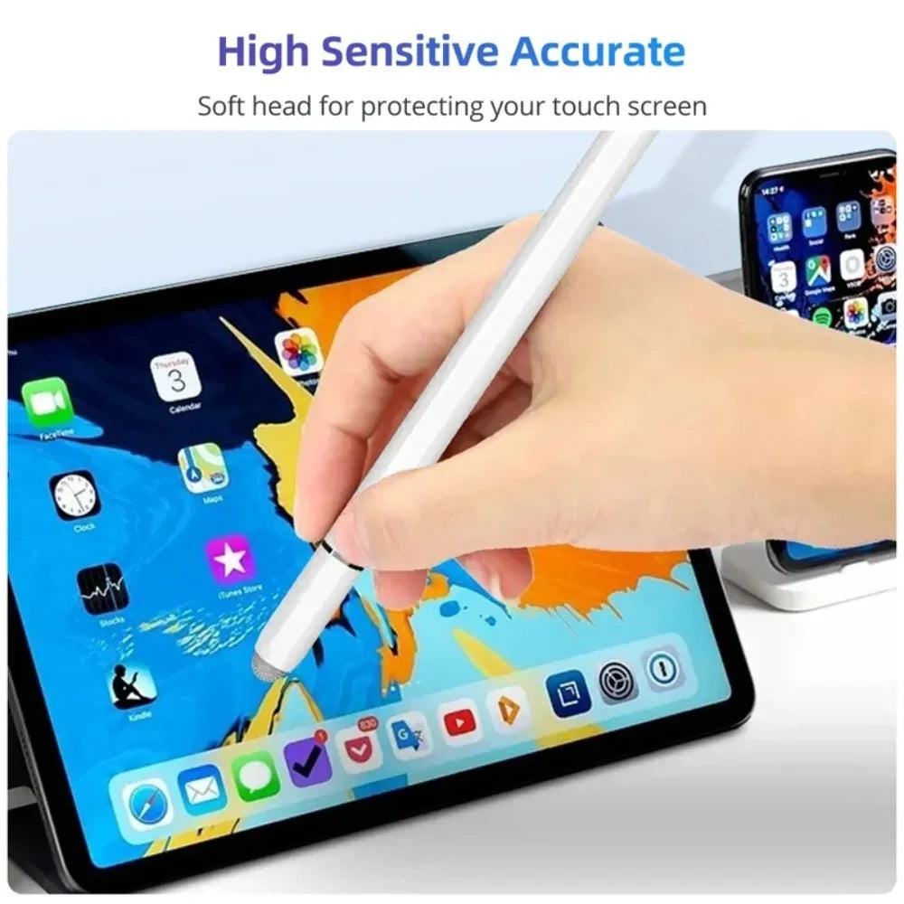 A hand is using a white magnetic stylus pen to touch a tablet screen, demonstrating its sensitivity for protection.
