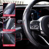 Close-up view of an ultra-thin carbon fiber steering wheel cover with various texture details and mounting options.
