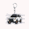 A silver metal key ring attached to a durable keychain featuring an off-road truck silhouette.