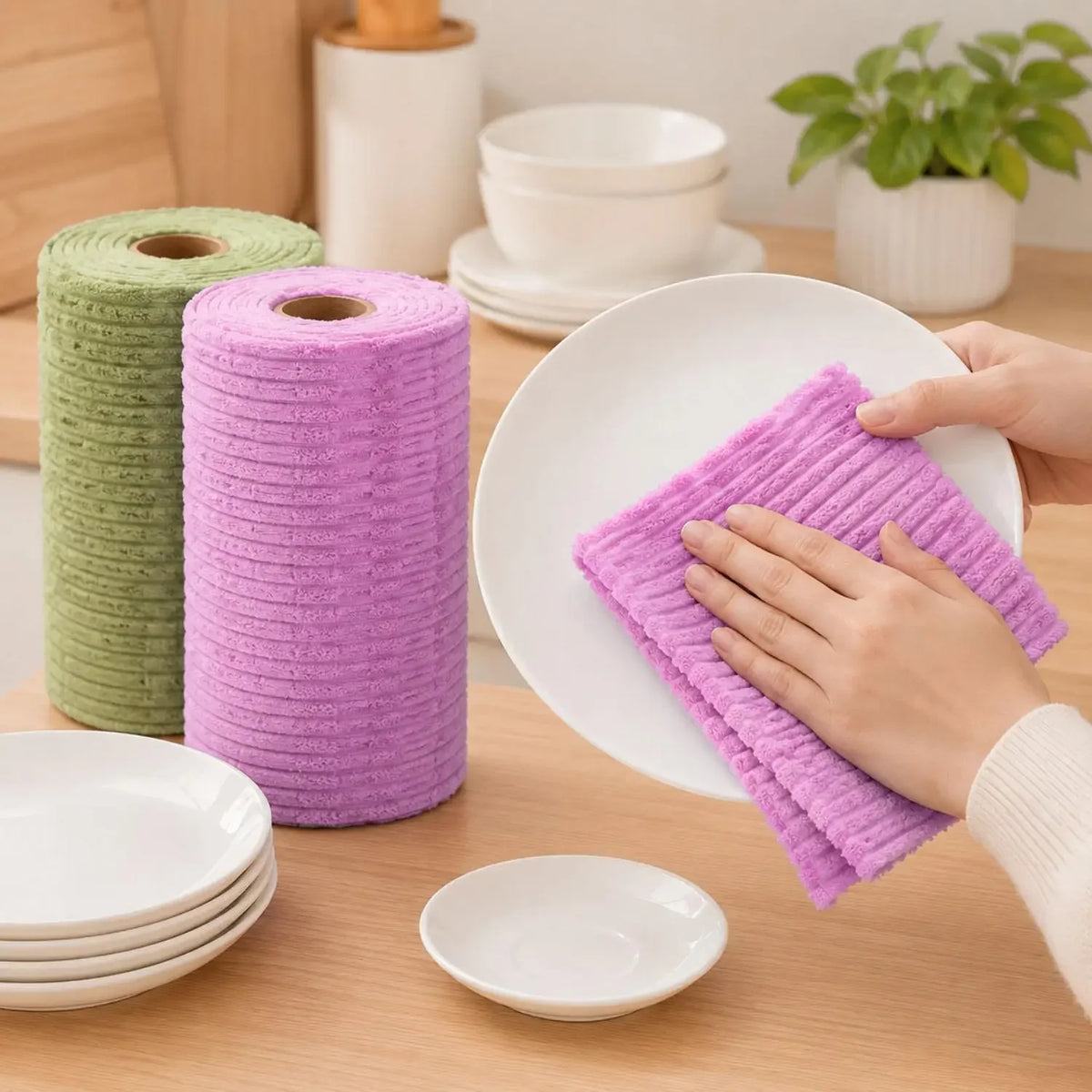 A hand is using a purple reusable tear-away cleaning cloth on a white plate, with rolls of the same cloth nearby.