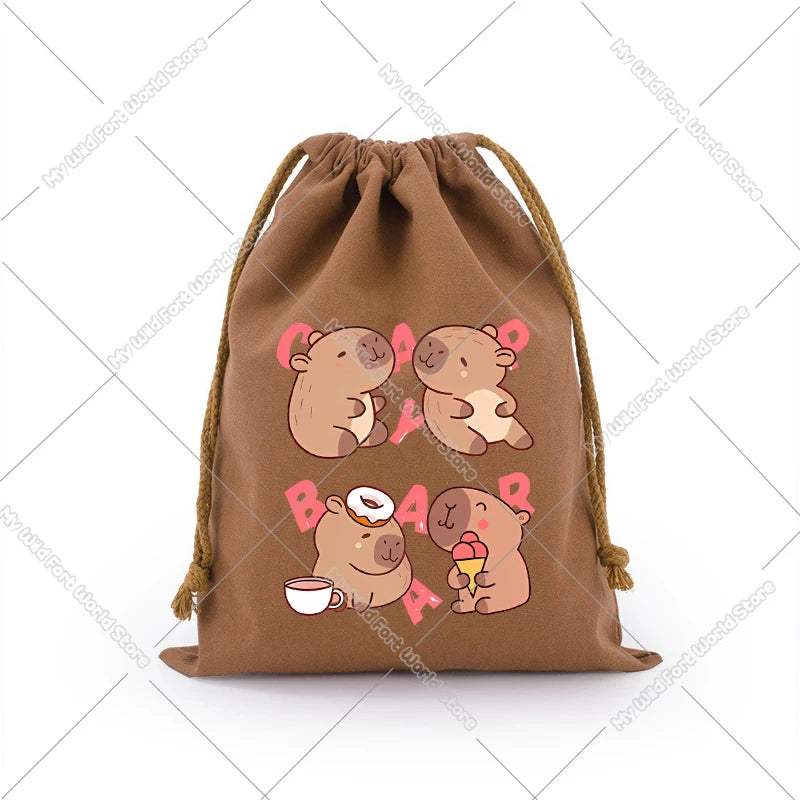 A brown drawstring storage bag featuring cute capybara illustrations.