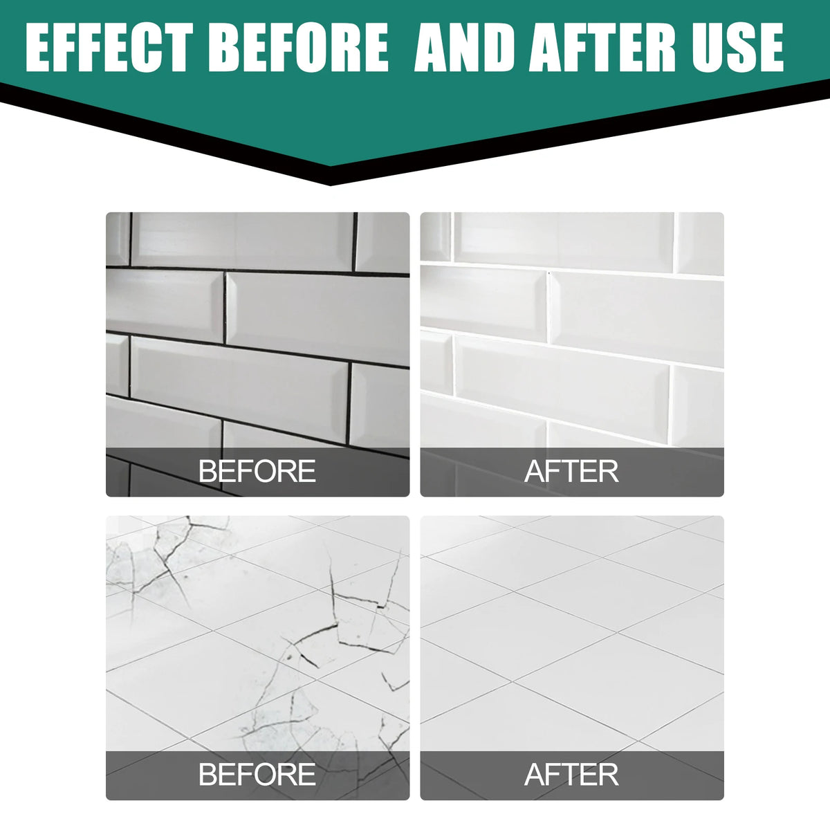Before and after images showing tile repair paste fixing cracks and grout lines on a wall surface.