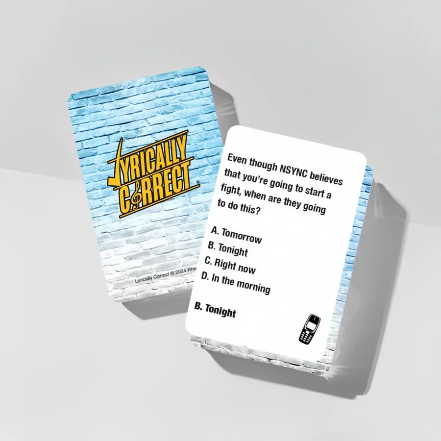 A card game challenge featuring a lyric question on a textured card against a light gray background.