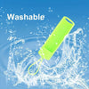 A lime green silicone remote cover is shown being washed in water, demonstrating its washable feature.