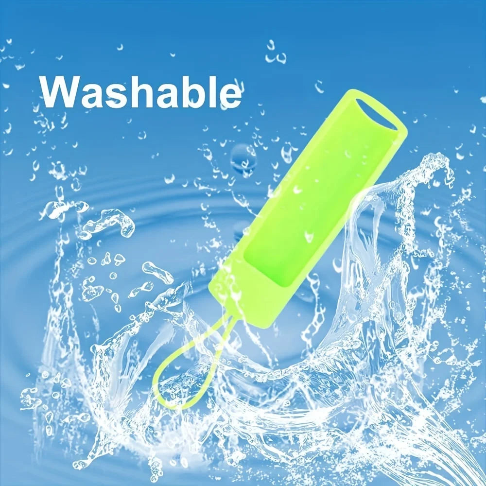 A lime green silicone remote cover is shown being washed in water, demonstrating its washable feature.