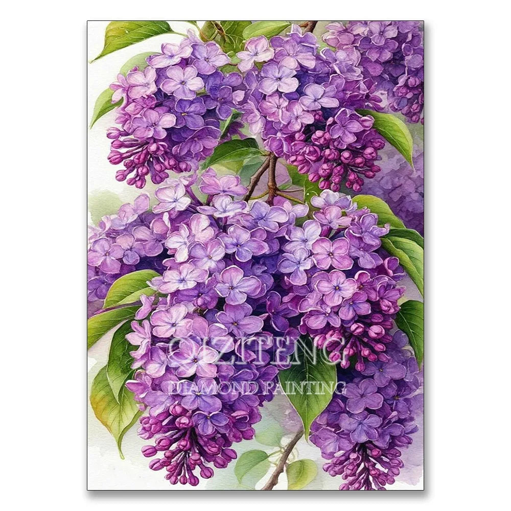 A vibrant purple hydrangea flower cluster with green leaves used as a diamond painting art background.