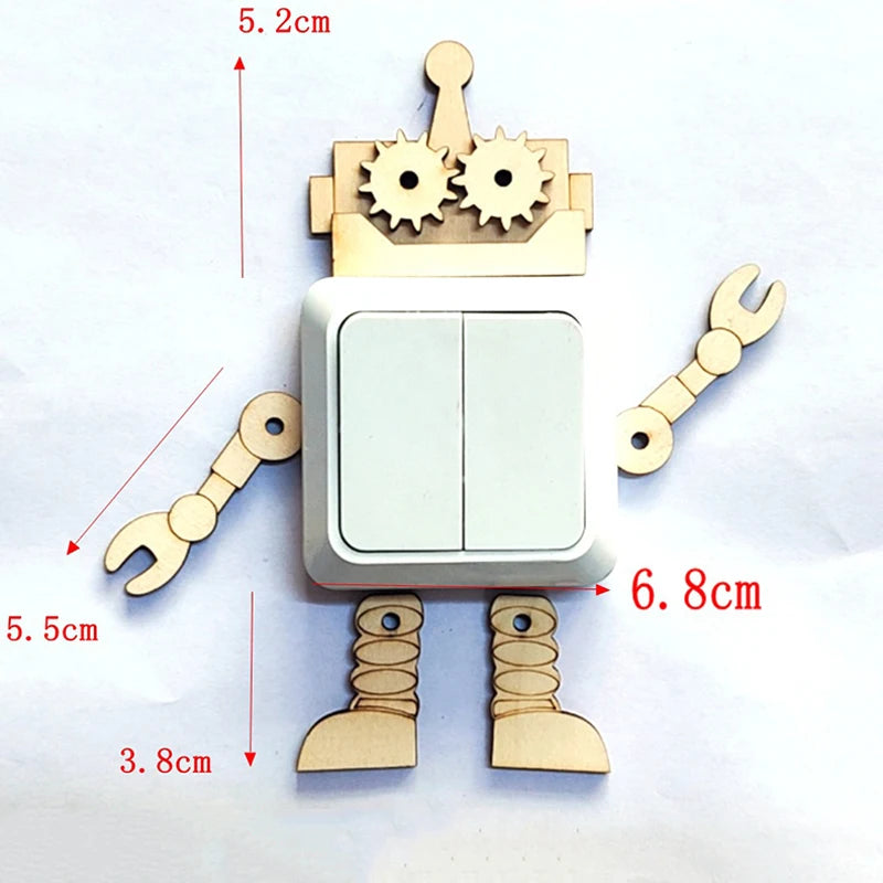 A wooden Montessori busy board set featuring a figure with mechanical parts and various sized wooden components.