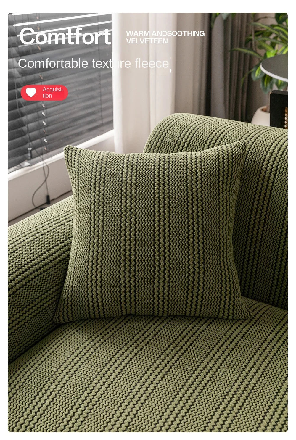 A close-up of a textured olive green velvet cushion and sofa cover with quilted stitching.