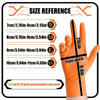 Orange nitrile work gloves showing size reference chart and measurements for S, M, L, and XL sizes.