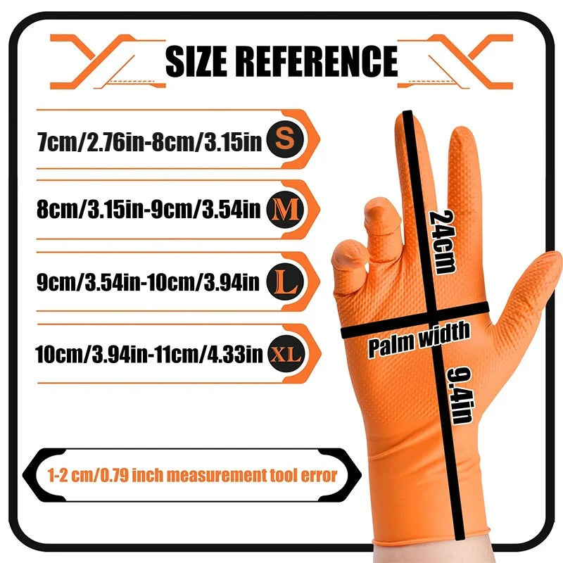 Orange nitrile work gloves showing size reference chart and measurements for S, M, L, and XL sizes.
