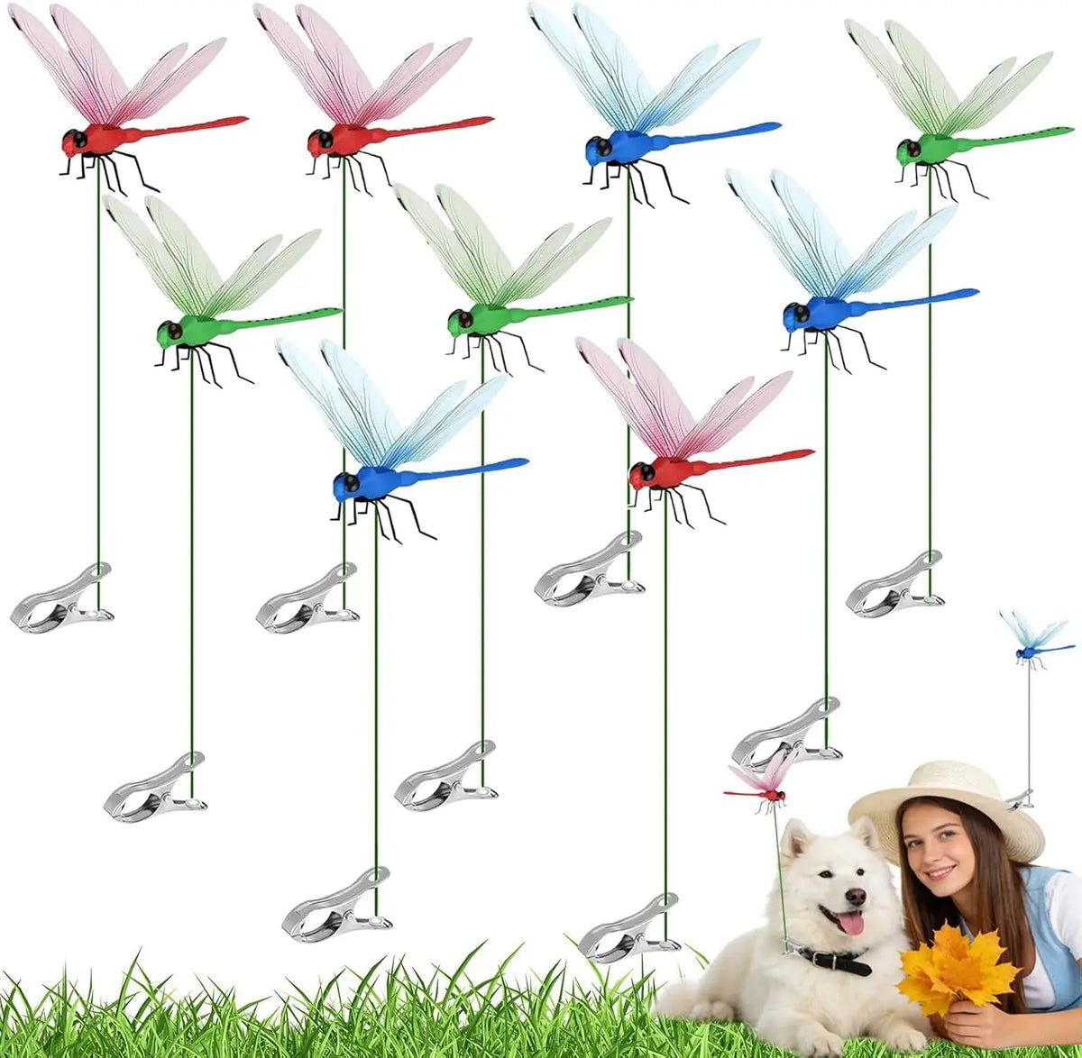 A set of lifelike dragonfly garden decor clips featuring colorful, detailed dragonflies on green wires.