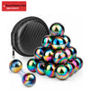 A set of iridescent magnetic fidget balls in various colors with a black storage pouch.