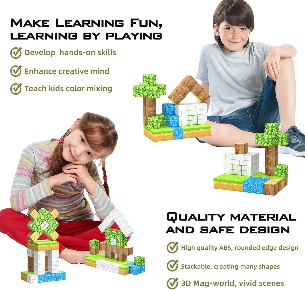 A boy and a girl are shown interacting with magnetic building blocks set for learning.